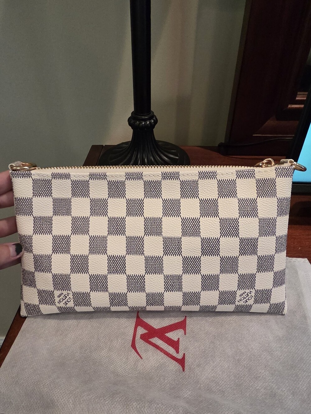 Luxury Checkered Canvas Wristlet in Ivory and Navy - LV Dupe